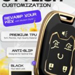 Lucrum Compatible with Chevy & GMC Key Fob Cover & Leather Keychain, 6 Buttons Keyfob Case for Acadia Sierra Silverado Tahoe Terrain Yukon (2014