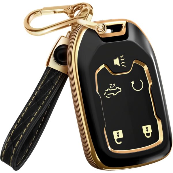 Lucrum Compatible with Chevy & GMC Key Fob Cover & Leather Keychain, 5 Buttons Keyfob Case for Acadia Sierra Silverado Tahoe Terrain Yukon (2014