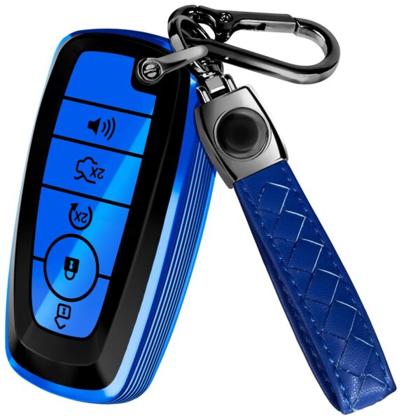 Lucrum Compatible with Ford Key Fob Cover & Leather Keychain, 5 Buttons Keyfob Case for F150 F250 F350 F450 Edge Explorer Fusion Mustang Ranger (2018 - Blue & Black