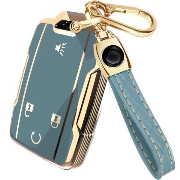 Lucrum Compatible with Chevy & GMC Key Fob Cover & Leather Keychain - Blue & Golden Edges